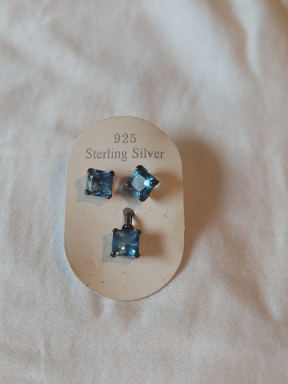 Sterling Silver Blue Square CZ Stud Earrings and Pendant